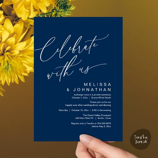 Invitation Dîner de mariage romantique, Célébrez avec nous (Romantic Wedding Dinner Party, Celebrate with us Lunch Brunch Modern Invites Card  PDF Navy Blue)