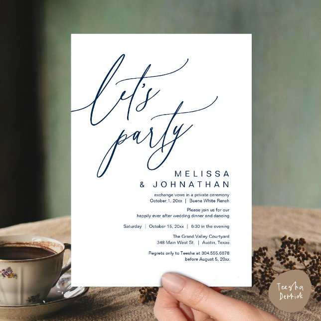 Invitation Dîner de mariage romantique Danse, Faisons la fête (Let's Party, Romantic Charm Wedding Dinner Dancing Lunch Brunch Invitation Card PDF Navy Blue)