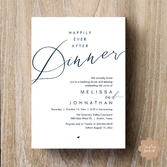 Invitation Dîner de mariage romantique pour toujours (Happily Ever After Dinner Romantic Wedding Reception Party Invitation card in navy blue)