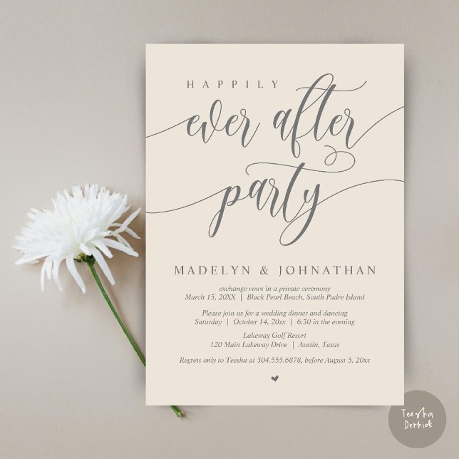 Invitation Dîner de Mariage Soirée Happily Ever After, Crème (Happily Ever After Party, Modern Calligraphy Wedding Dinner Invitation Card, PDF, in Cream Grey)