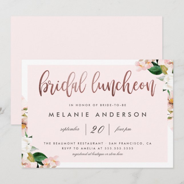 Invitation Dîner de mariée au Rose Floral Gold Script (Devant / Derrière)