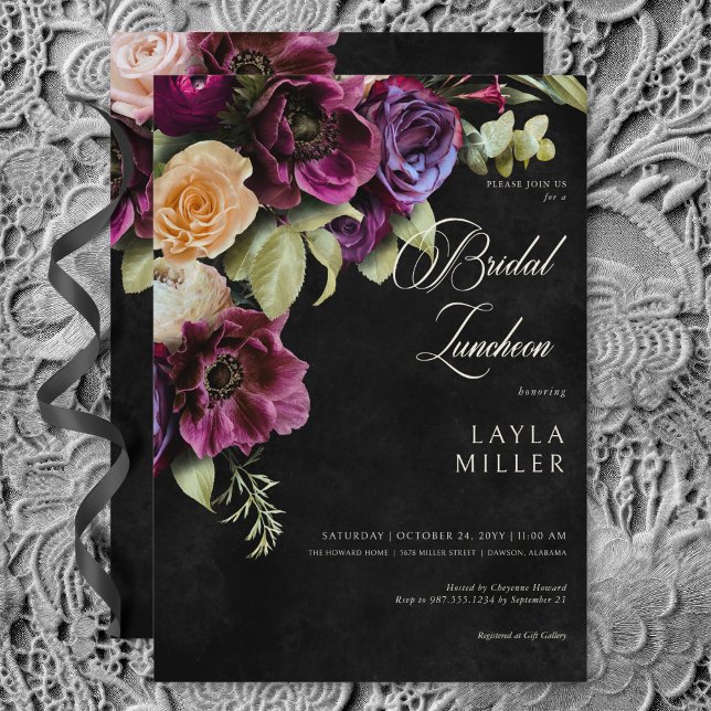 Invitation Dîner de mariée noir élégant spectaculaire (Dark Elegant Black Dramatic Floral Bridal Luncheon Invitation)
