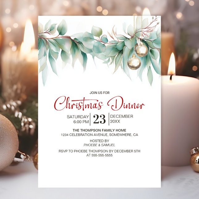 Invitation Dîner de Noël à la verdure aquarelle (Créateur téléchargé)