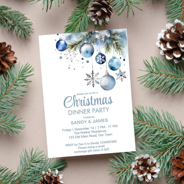 Invitation Diner de Noël argent bleu baubles (Christmas dinner party template invitation digital download silver blue baubles snowflake watercolor)