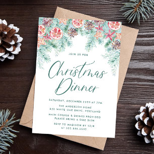 Invitation Dîner de Noël au pin et au citrus aquarelle
