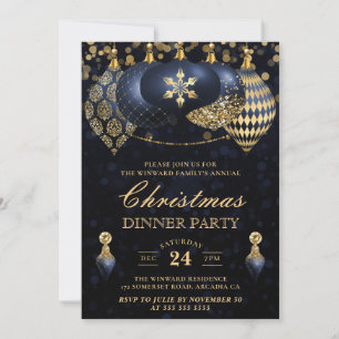 Invitation Dîner de Noël aux Baubles Élégants Bleu Marine et 