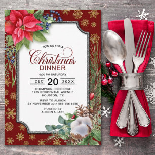 Invitation Dîner de Noël aux flocons de neige dorés et poinse