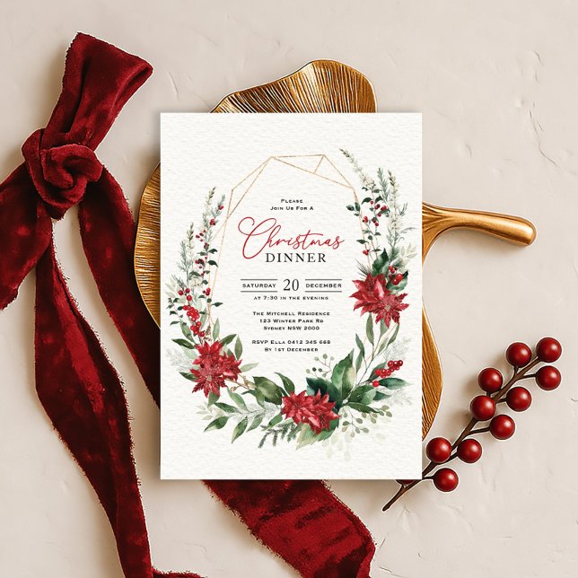 Invitation Dîner de Noël avec verdure moderne et poinsettia r (Créateur téléchargé)