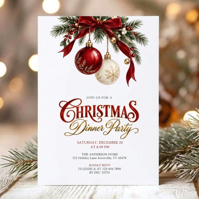 Invitation Dîner de Noël classique rouge et or (Créateur téléchargé)