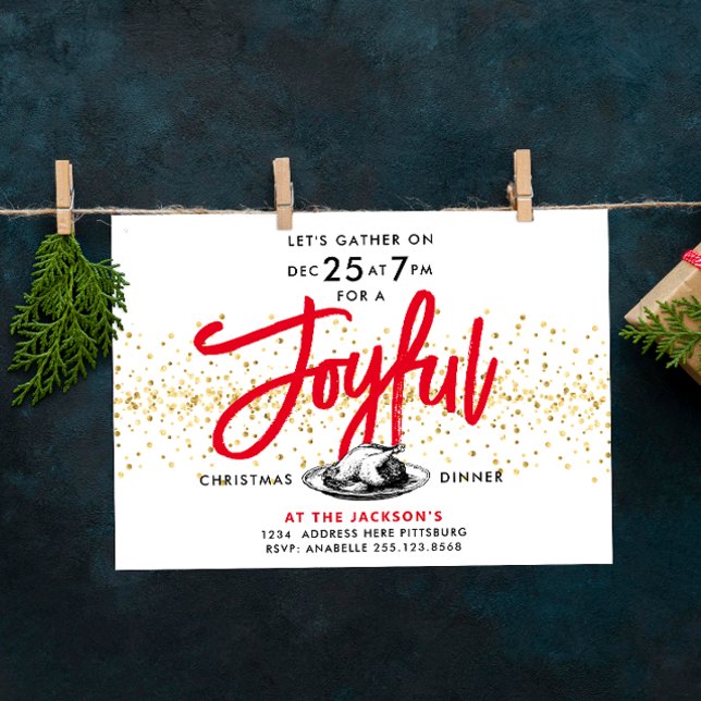 Invitation Dîner de Noël Dinde Joie Or Rouge Moderne Script (Créateur téléchargé)
