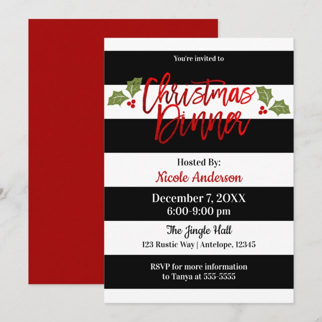 Invitation Dîner de Noël écriture chic moderne feuille d'alum (Devant / Derrière)