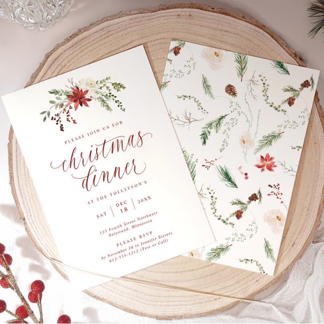 Invitation Dîner de Noël élégant écriture aquarelle (Elegant Christmas dinner invitation with watercolor greenery and calligraphy script.)