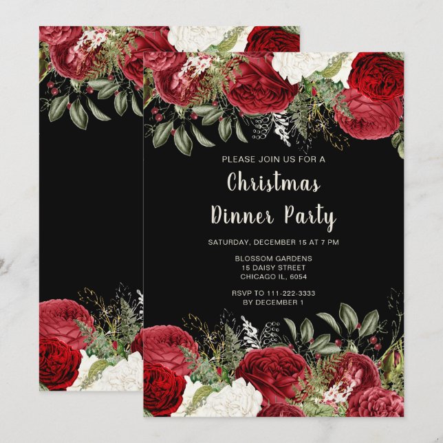 Invitation Dîner de Noël élégant Fleurs rouges (Devant / Derrière)