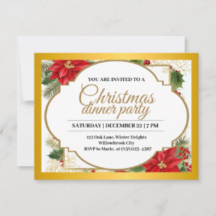 Invitation Dîner de Noël élégant Gold & Poinsettia