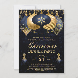 Invitation Dîner de Noël Elegant Marine & Gold Baubles