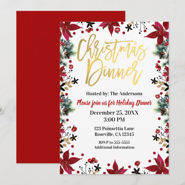 Invitation Dîner de Noël en or Poinsettia Floral de Fêtes (Devant / Derrière)