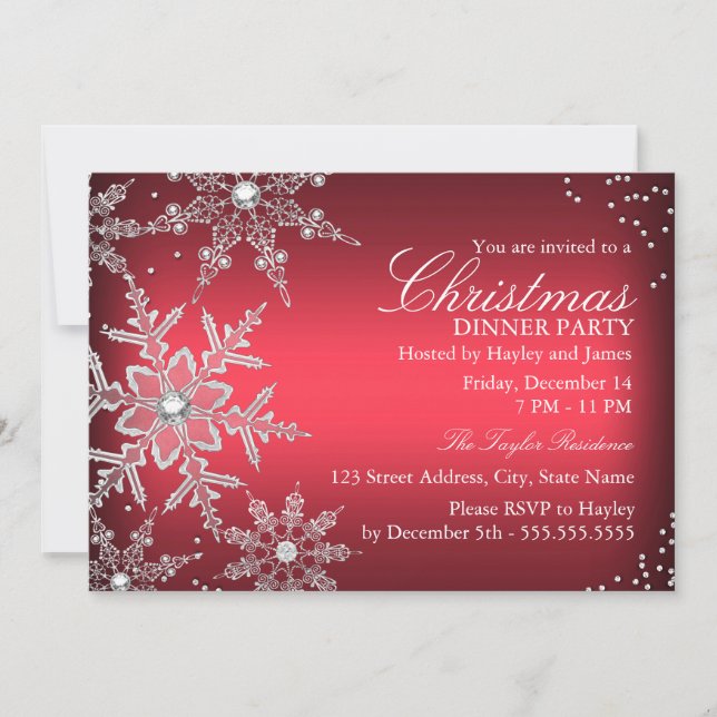 Invitation Dîner de Noël Fête de cristal de neige rouge (Devant)