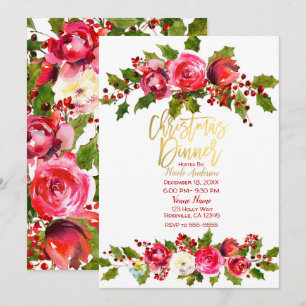Invitation Dîner de Noël Fête de vacances Floral de houx à ba
