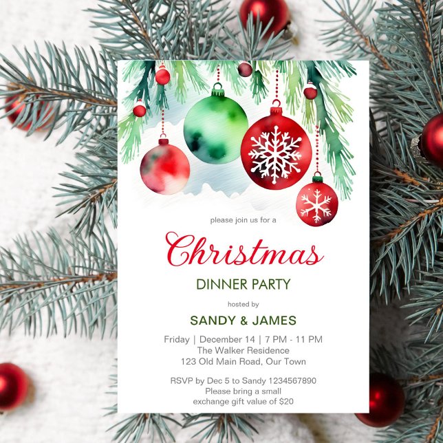 Invitation Diner de Noël fête rouge vert baubles (Christmas dinner party template invitation digital download classical red and green baubles pines)