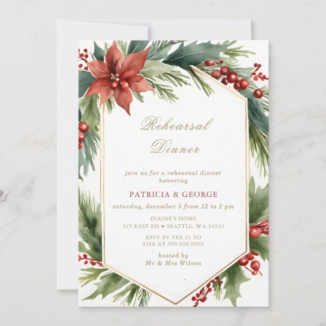 Invitation Dîner de Noël Floral Gold Vert (Devant)