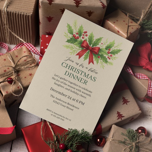 Invitation Dîner de Noël Holly & Red Bow - (Créateur téléchargé)