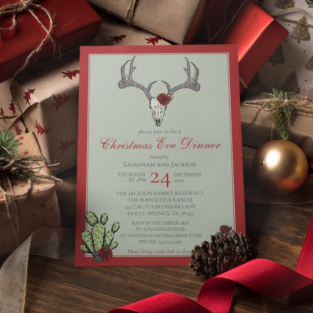 Invitation Dîner de Noël occidental Ramure de renne & Cactus (Western Christmas Eve Dinner Party Invites. Hand-Drawn Reindeer Skull, Antlers, RedRoses & Cacti.)