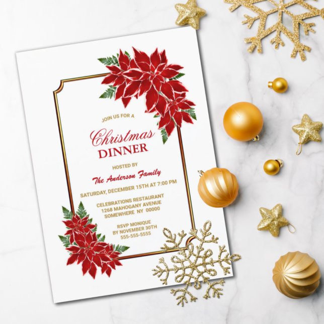 Invitation Dîner de Noël Poinsettia Gold Borders (Créateur téléchargé)