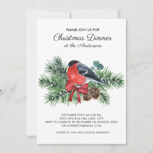 Invitation Dîner de Noël Robin Rouge Oiseau Pins d'Hiver