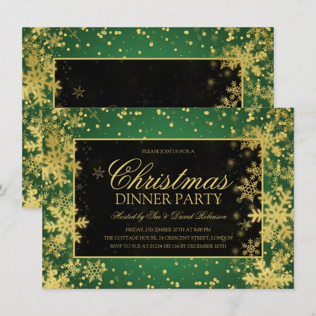 Invitation Dîner de Noël vert Gold Snowflics d'hiver (Devant / Derrière)