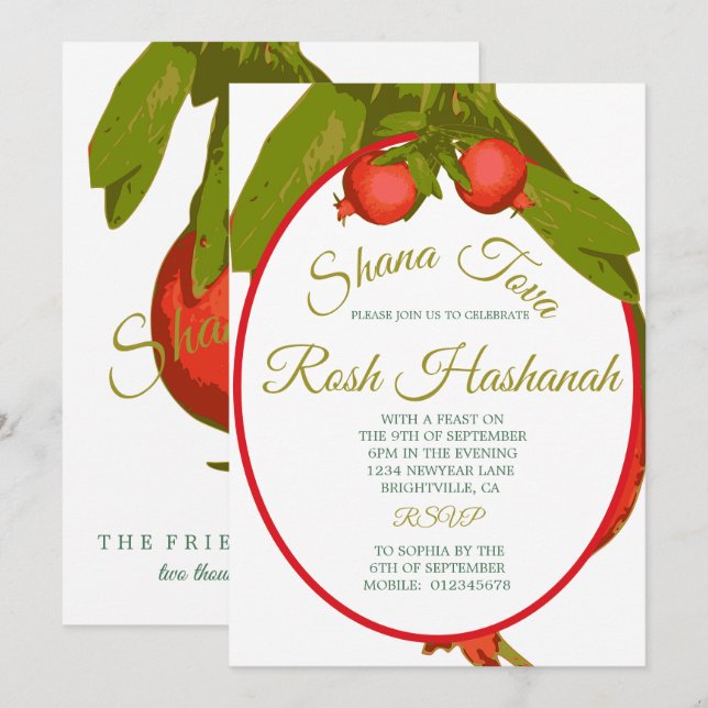 Invitation Dîner de Nouvel An juif Rosh Hashanah Grenade (Devant / Derrière)