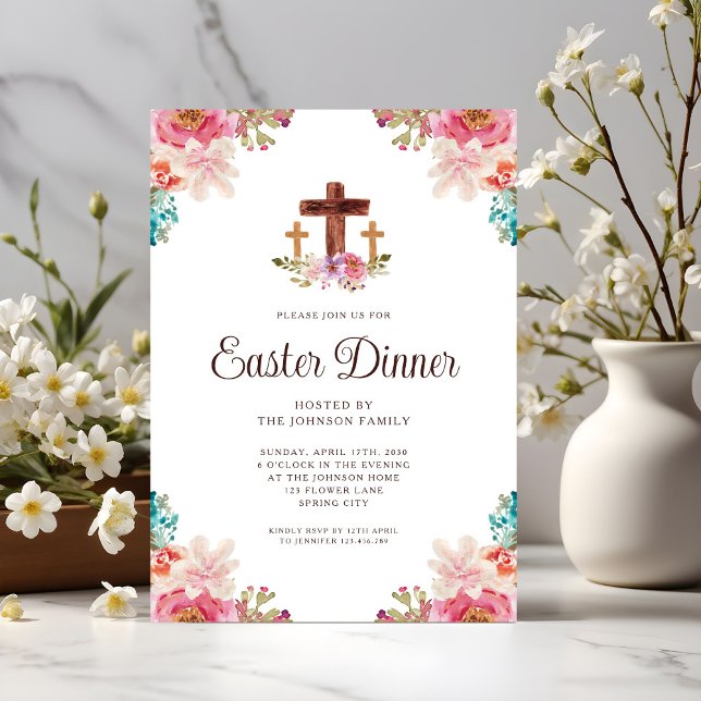 Invitation Dîner de Pâques à la croix florale élégante (Elegant Floral Cross Easter Dinner Invitation)