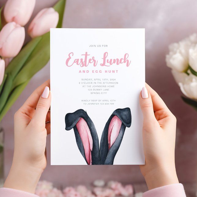 Invitation Dîner de Pâques aux oreilles de lapin mignon (Cute Bunny Ears Easter Lunch Invitation)