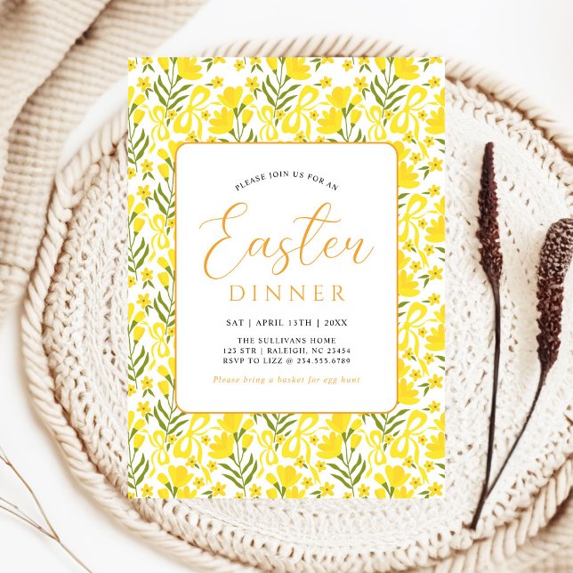 Invitation Dîner de Pâques avec un nœud floral jaune moderne  (Créateur téléchargé)