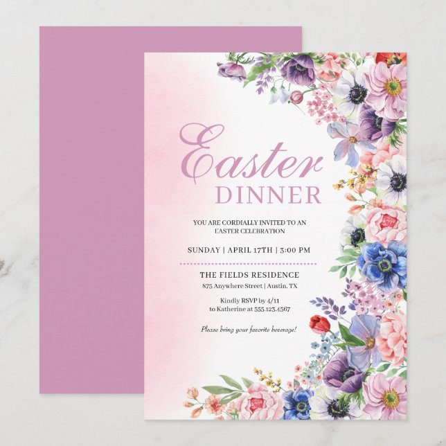 Invitation Dîner de Pâques de printemps jardin floral rose (Devant / Derrière)