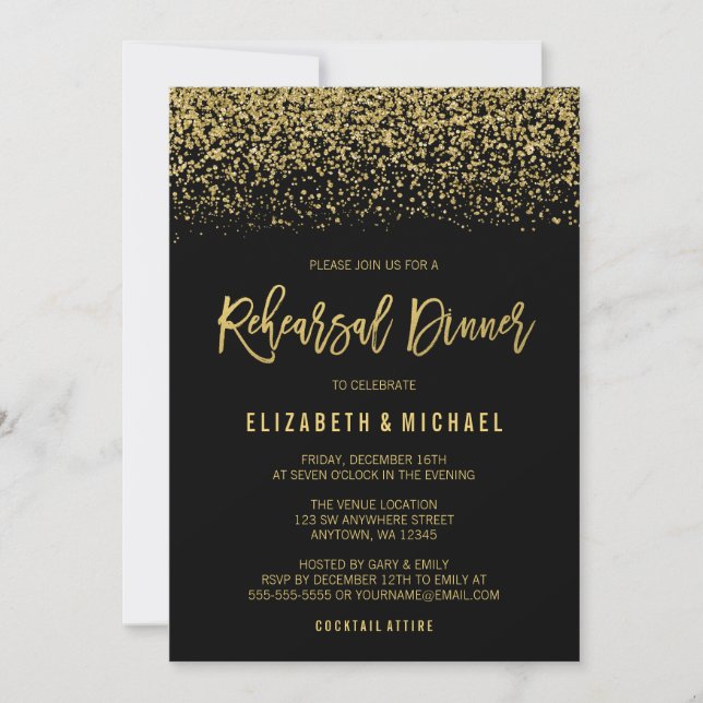 Invitation Dîner de Parties scintillant moderne Black Gold Fa (Devant)