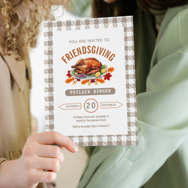 Invitation Dîner de potluck de Thanksgiving en Gingham d'auto (Turkey Thanksgiving Potluck Dinner Fall Gingham Invitation)