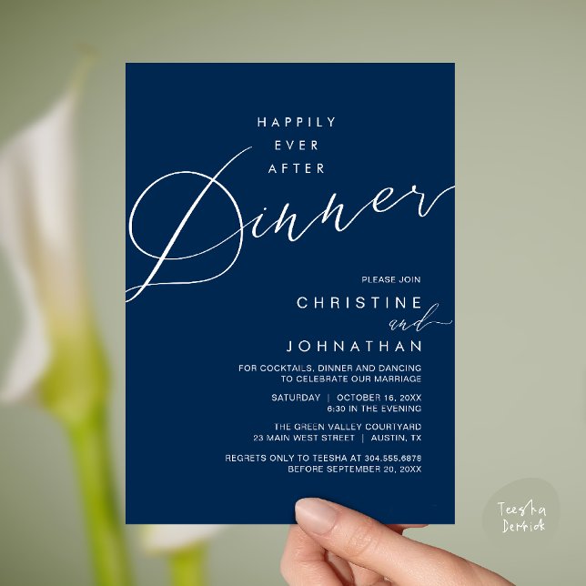 Invitation Dîner de réception de mariage après le bonheur éte (Happily Ever After Dinner Wedding Reception Dinner Invitation Card in Navy Blue)