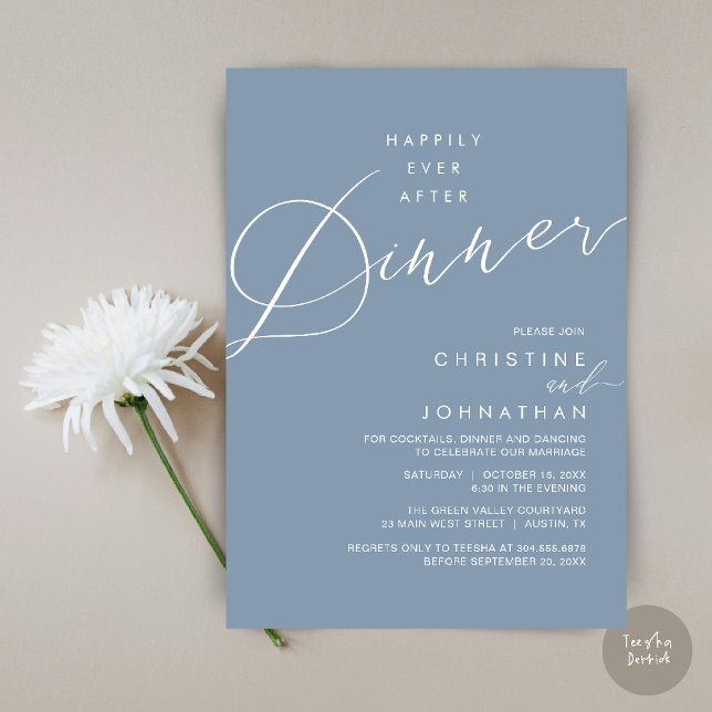 Invitation Dîner de réception de mariage après un heureux pou (Happily Ever After Dinner Wedding Reception Dinner Invitation Card in Dusty Blue)