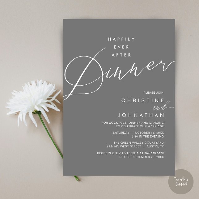 Invitation Dîner de réception de mariage après un heureux pou (Happily Ever After Dinner Wedding Reception Dinner Invitation Card in Dark Grey)