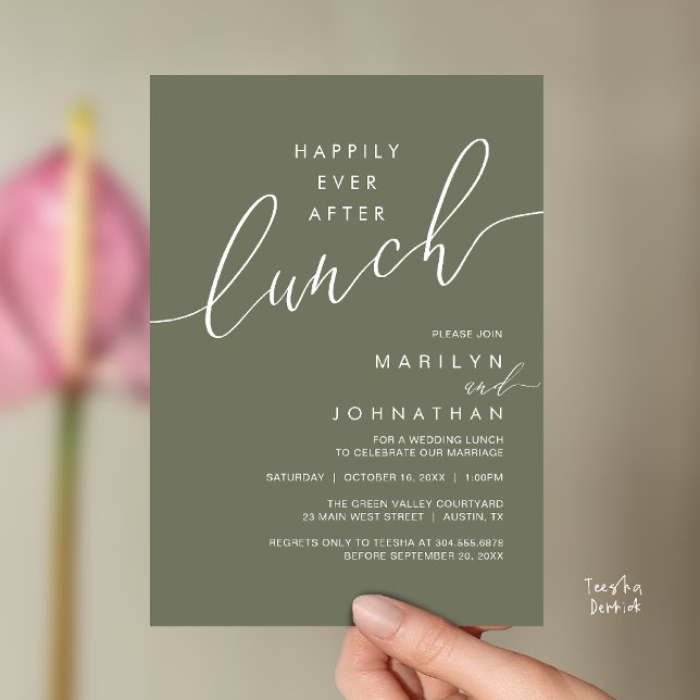 Invitation Dîner de réception de mariage de conte de fées (Happily Ever After Lunch Wedding Reception Invitation Card in Dusty Sage Green)