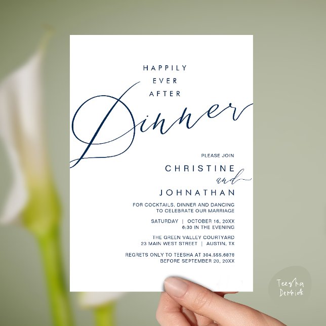 Invitation Dîner de réception de mariage heureux pour toujour (Happily Ever After Dinner Wedding Reception Dinner Invitation Card in Navy Blue)