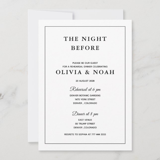 INVITATION DÎNER DE REHERSAL ÉLÉGANT NOIR & BLANC CLASSIQUE (Devant)