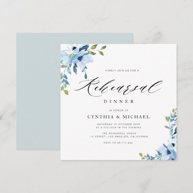 Invitation dîner de répétition à fleurs bleu et blanc  (Devant / Derrière)