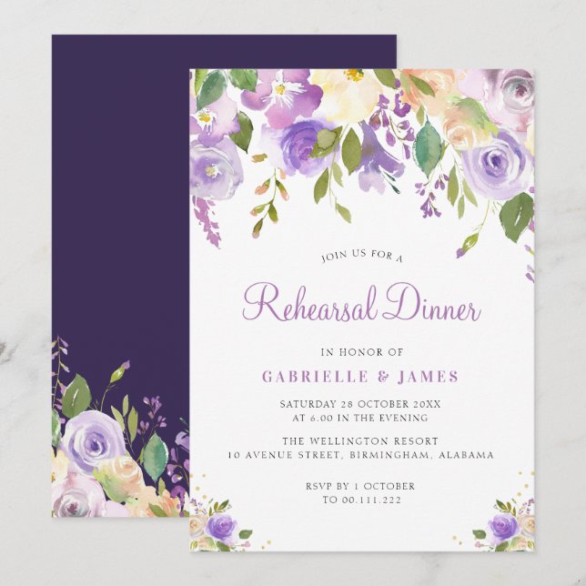 Invitation Dîner de répétition à la peinture violet et pêche  (Devant / Derrière)