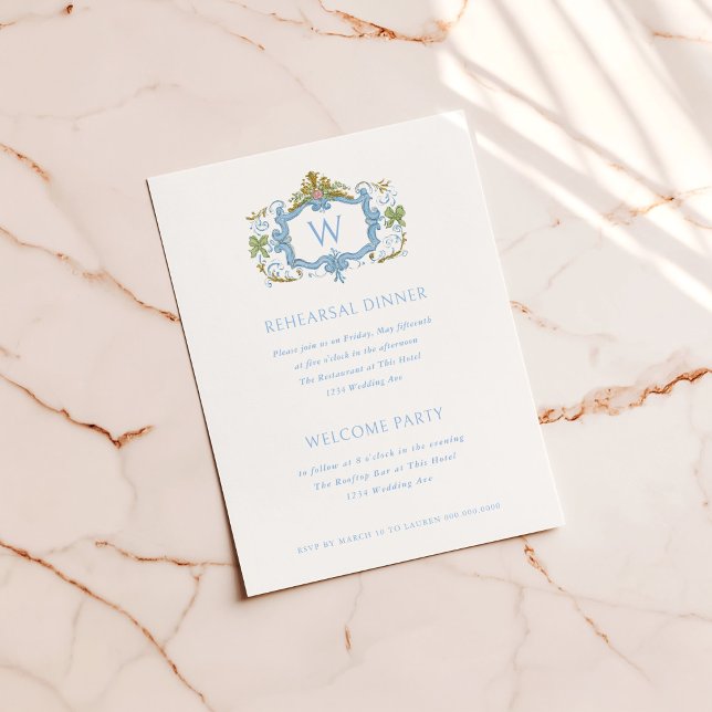 Invitation Dîner de répétition à monogramme de crête bleu roc (Créateur téléchargé)