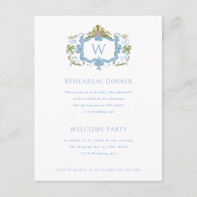 Invitation Dîner de répétition à monogramme de crête bleu roc (Devant)