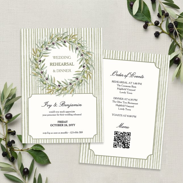 Invitation Dîner de répétition à rayures vert olive toscan (Wedding Rehearsal Dinner invitation with olive wreath and green ticking stripe by Darling & May)