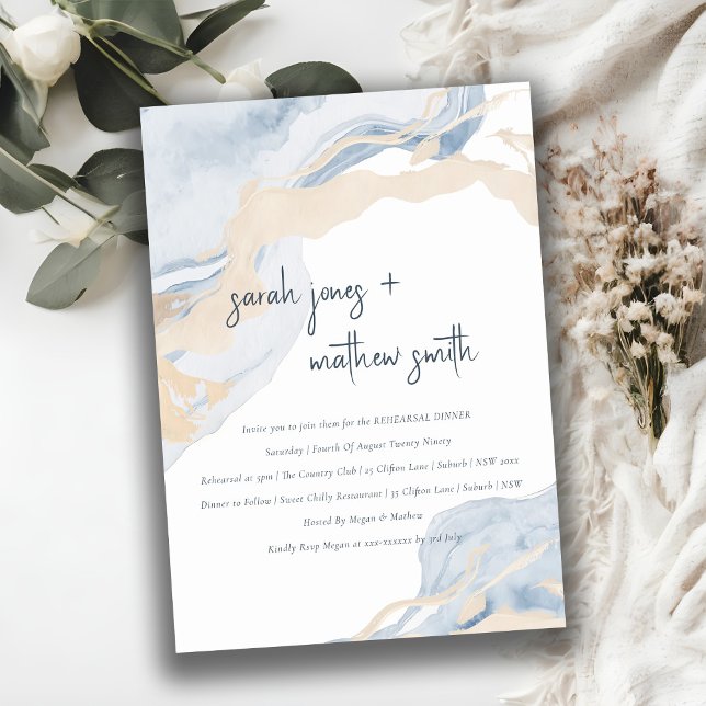 Invitation Dîner de répétition Abstrait Blue Beige Sea Beach (Créateur téléchargé)