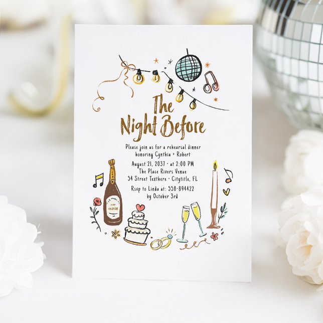 Invitation Dîner de répétition amusant tiré à la main (The Night Before Whimsical French Line Art Doodles Rehearsal Dinner Invitations)