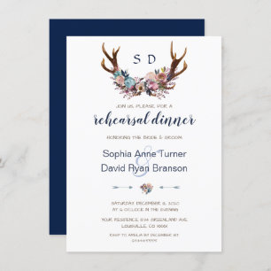 Invitation Dîner de répétition   Antlers Dusty Blue Rose Flor